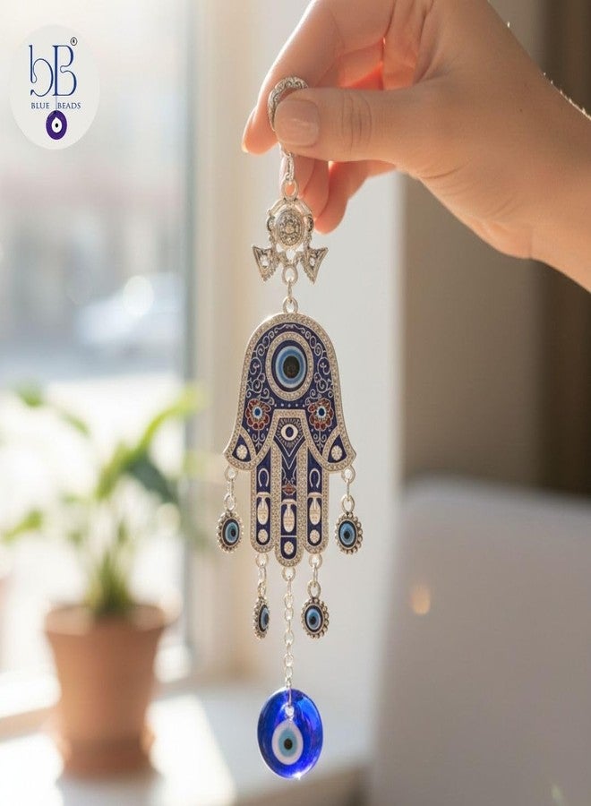 BLUE BEADS خرز أزرق معدني، ديكور منزلي، قلادة عين الحسد، طولها 8 بوصات، زينة مثالية لهدايا ديوالي، قلادة حظ على شكل يد الحسد، زينة للباب/الجدار للمنزل والمكتب، فضي - Image 2